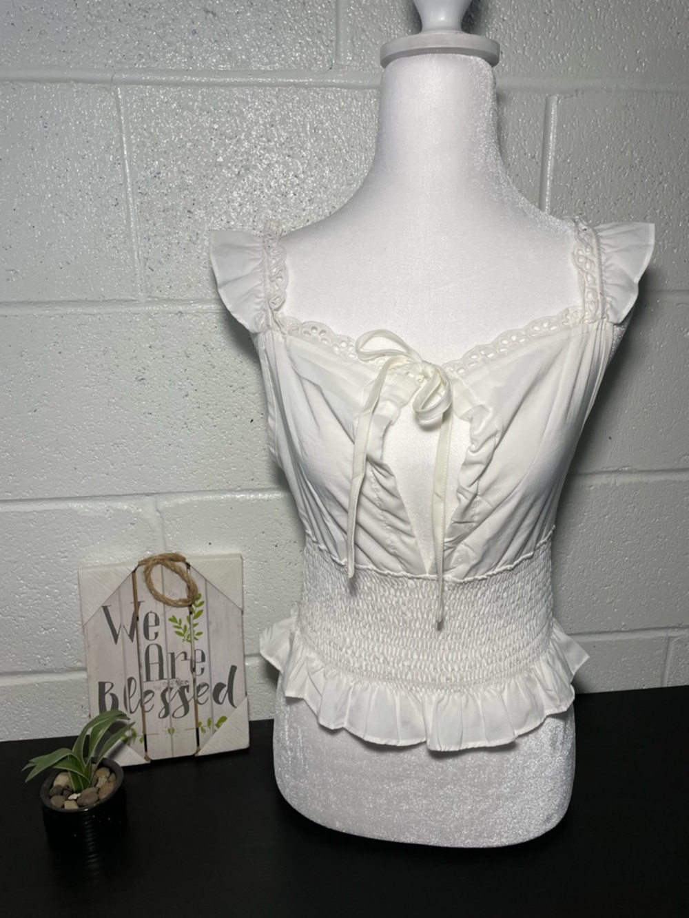SHEIN‎ Cream Ruffled Smocked Waist Tank Top